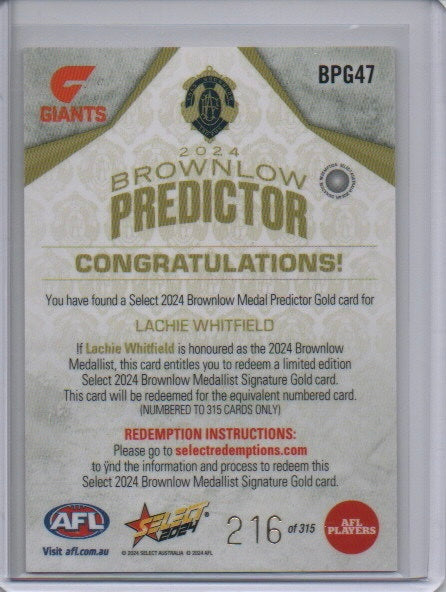 Brownlow Predictor Gold - Lachie Whitfield