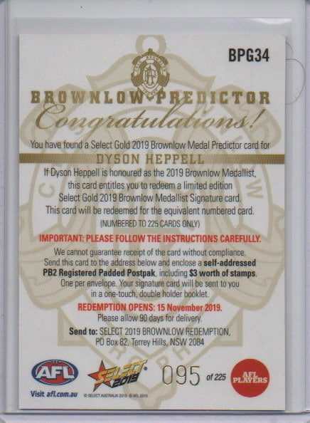 Dyson Heppell- Brownlow Predictor Gold